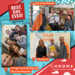 Group photos of local businesses and organizations - Vintage Grace Boutique, Blueprints, and Arts on the Avenue - receiving acts of kindness from CHROME employees
