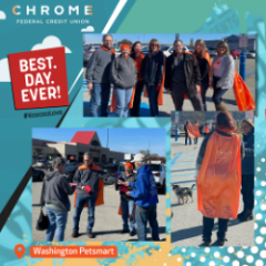 Group photos of CHROME employees gifting kindness cards outside of Washington PetSmart and Giant Eagle parking lots