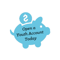 Piggy bank with the open a youth accounts today text inside 