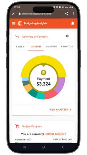 Mobile Phone with the Budgeting Insights Tool Homepage. Includes the Spending by Category wheel with tabs for 1 week, 1 month, 3 months, and 6 months. Then partial view of the Budgeting Progress section.