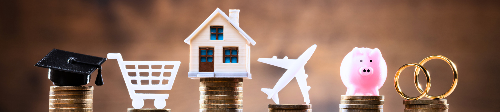 Header image of graduation cap, shopping cart, house, plane, piggy bank, and rings icons.